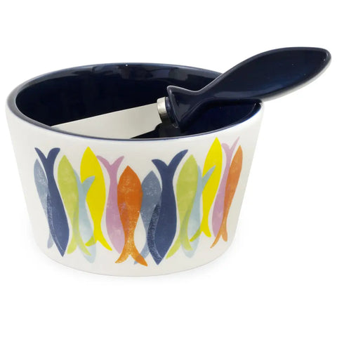 Hand Stamp Fish Ceramic Bowl & Spreader