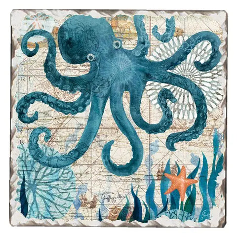 Nautical Octopus Single Absorbent Stone Tumbled Tile Coaster